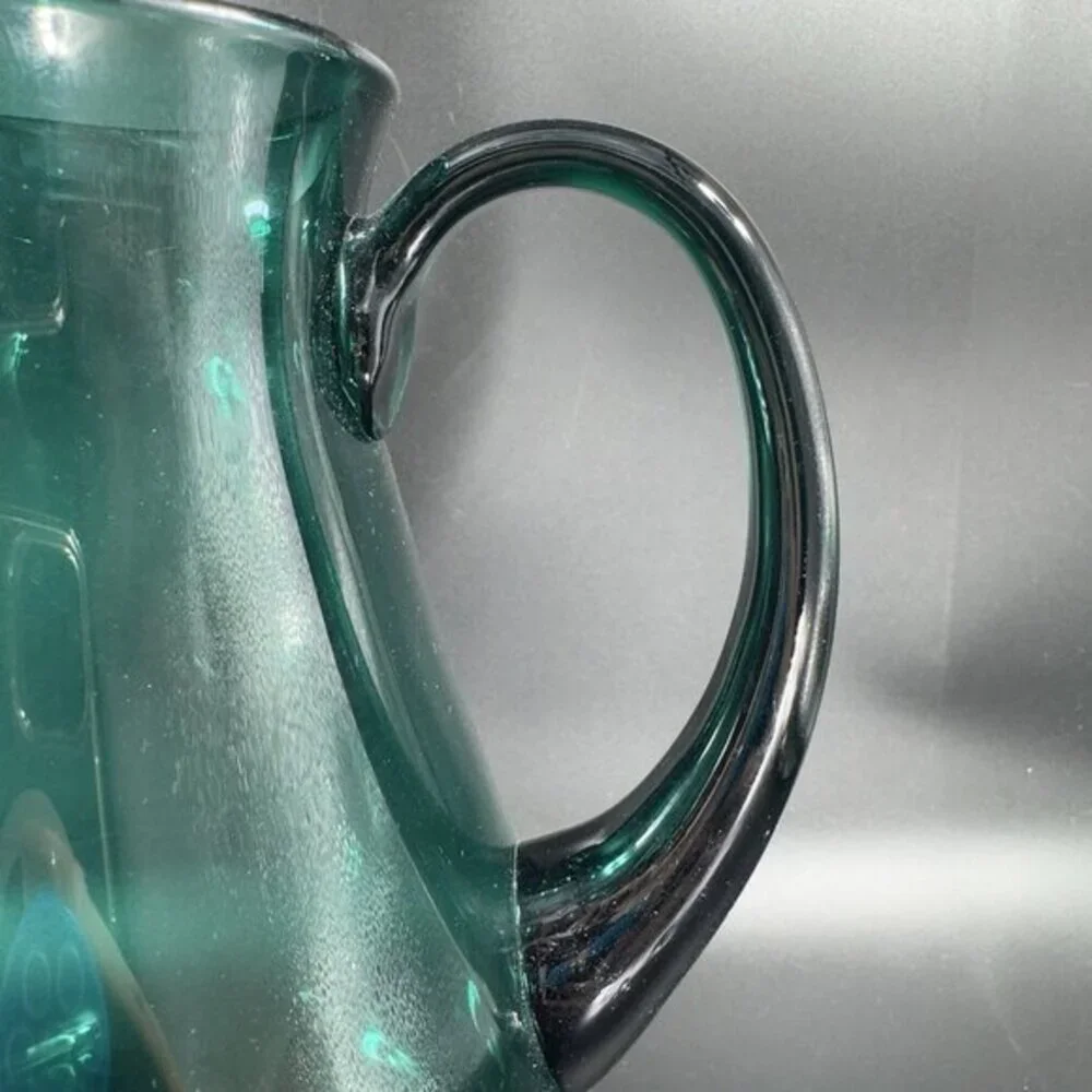 Hortensja Teal Green Blue Hand Blown Glass Pitcher  Made In Poland Vintage Decor